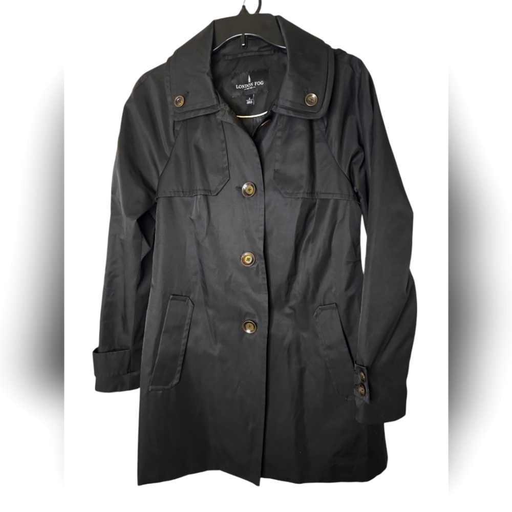 London Fog Black Hooded Rain Coat Size Small